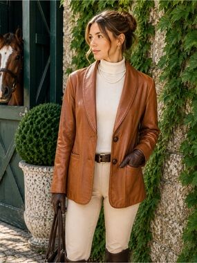 VINTAGE PETER CARUSO Rare Cognac Leather Made in USA Two-Button Jacket/Blazer 14